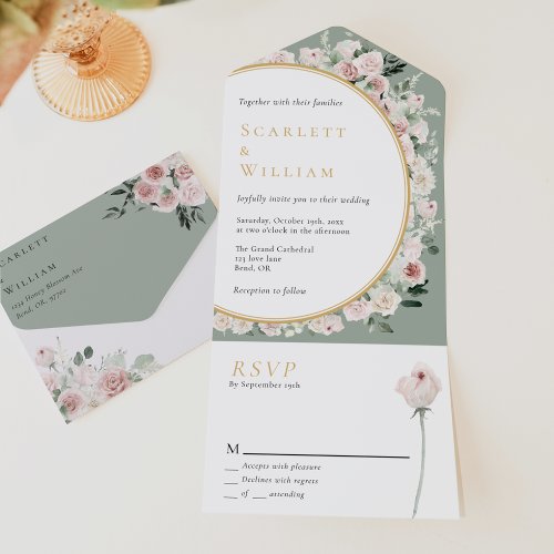 Dusty Rose Gold Sage Green Vintage Floral Wedding All In One Invitation