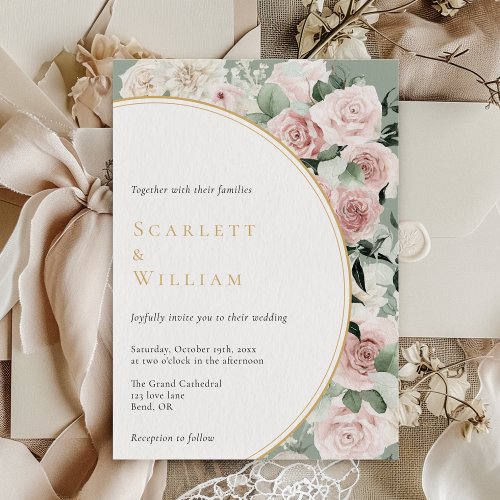 Dusty Rose Gold Sage Green Vintage Floral Wedding Invitation
