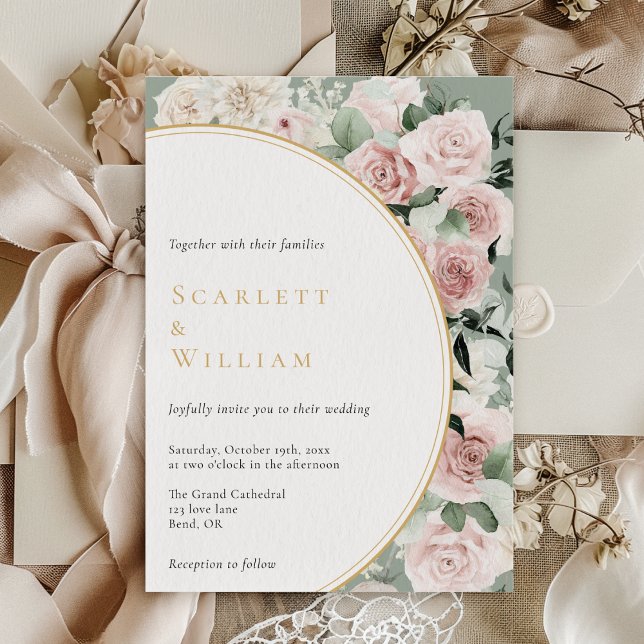 Dusty Rose Gold Sage Green Vintage Floral Wedding Invitation (Creator Uploaded)