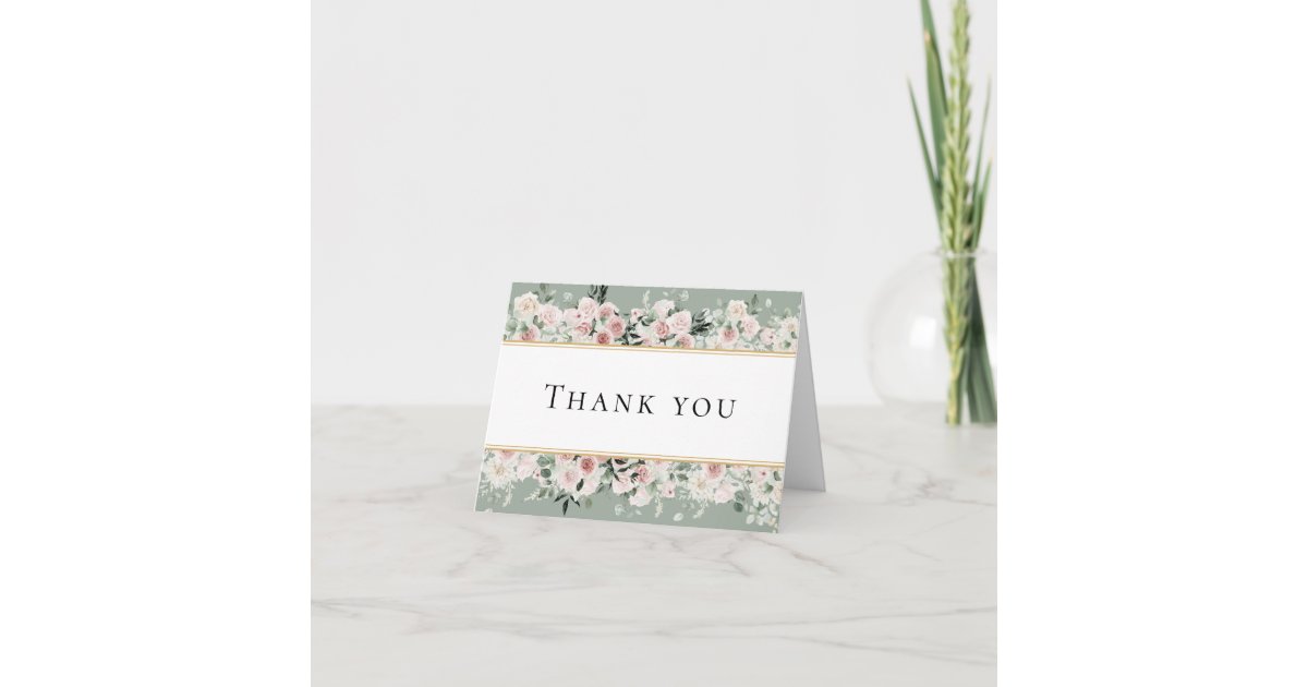 Dusty Rose Gold Sage Green Vintage Wedding Folded Thank You Card | Zazzle