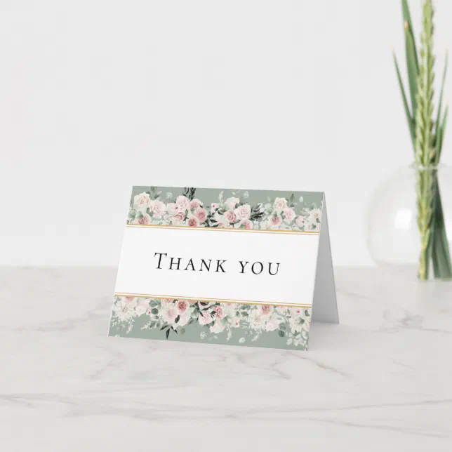 Dusty Rose Gold Sage Green Vintage Wedding Folded Thank You Card | Zazzle