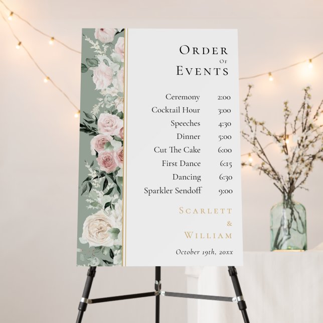 Dusty Rose Gold Sage Green Wedding Order Of Events Foam Board (In Situ (Stand))