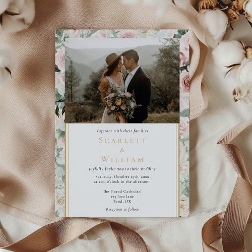 Dusty Rose Gold Sage Vintage Classic Photo Wedding Invitation