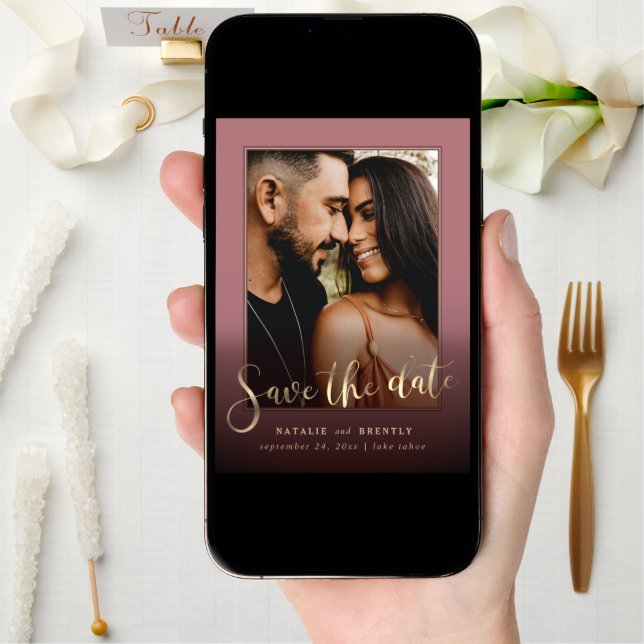 Dusty Rose Gold Script & Marble Photo Overlay Save The Date (Front Digital)