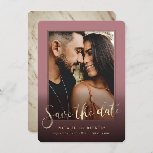 Dusty Rose Gold Script  Marble Photo Overlay Save The Date