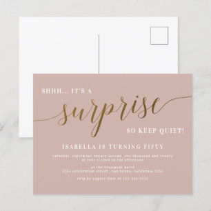 Dusty Rose & Gold Script Surprise Birthday Party Invitation Postcard