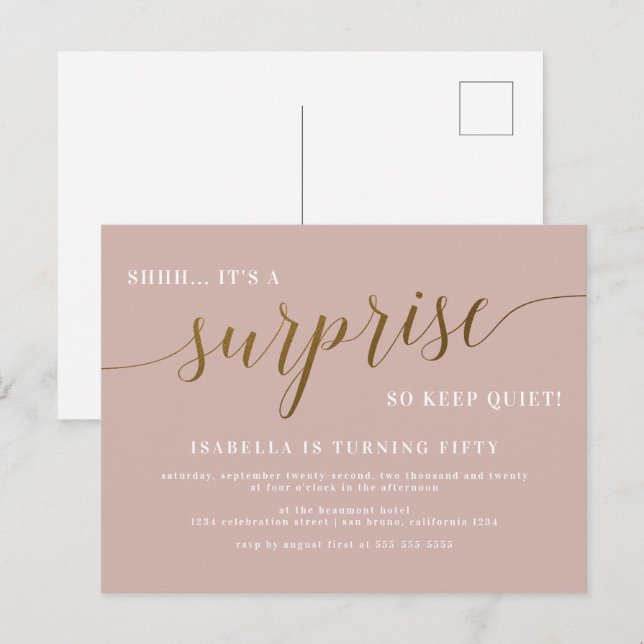 Dusty Rose & Gold Script Surprise Birthday Party Invitation Postcard (Front/Back)