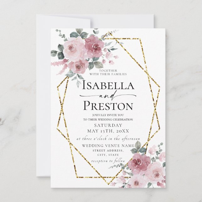 Dusty Rose Gold Watercolor Blush Floral Wedding  Invitation (Front)