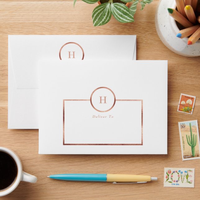 Dusty Rose Gold & White Monogram Wreath Wedding Envelope (Desk)