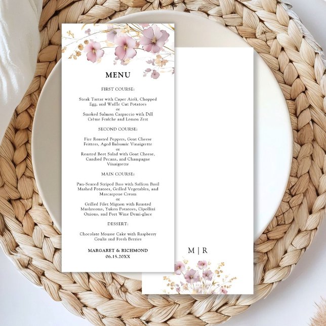 Dusty Rose & Gold Wildflower Floral Wedding Menu (Creator Uploaded)