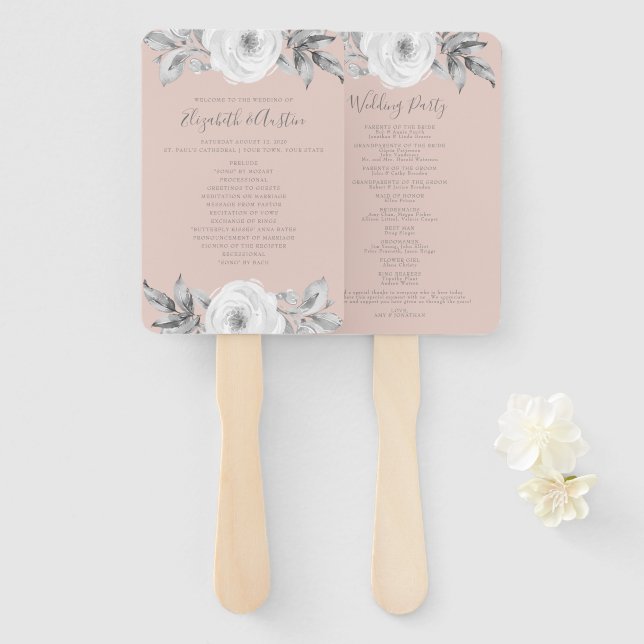 Dusty Rose Gray Floral Diamond Wedding Program Hand Fan (Front and Back)