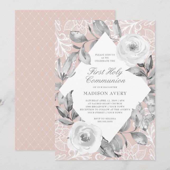 Dusty Rose Gray Floral Lace First Holy Communion Invitation (Front/Back)