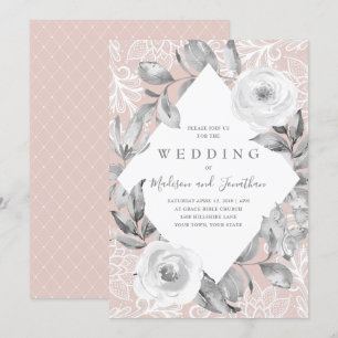 Dusty Rose Gray Floral Lace Wedding Invitation
