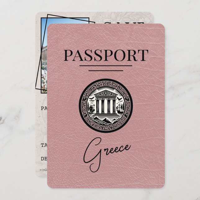 Dusty Rose Greece Passport Save the Date Card (Front/Back)