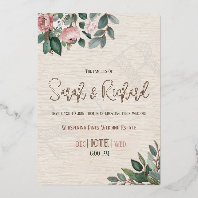 Dusty Rose & Green Botanical Floral Backyard Foil Invitation (Front)