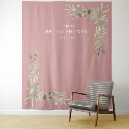 Dusty Rose Greenery Bridal Shower Photo Backdrop - Featuring delicate watercolor greenery leaves on a dusty rose background, this chic bridal shower photo booth backdrop can be personalized with the bride's name and special date. Designed by Thisisnotme©