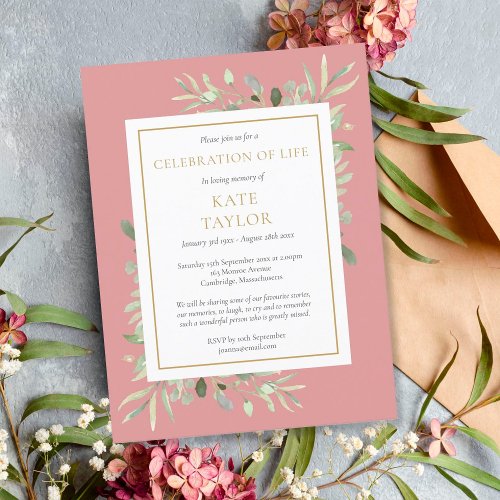 Dusty Rose Greenery Celebration of Life Funeral Announcement Postcard