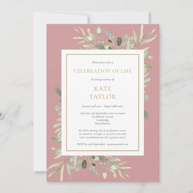 Dusty Rose Greenery Celebration of Life Funeral Invitation (Front)