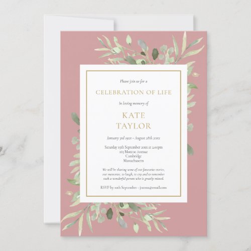 Dusty Rose Greenery Celebration of Life Funeral Invitation