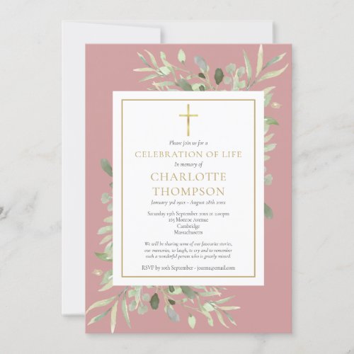 Dusty Rose Greenery Celebration of Life Funeral Invitation