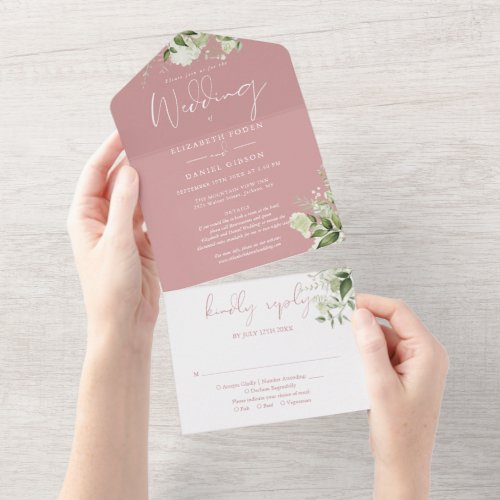 Dusty Rose Greenery Floral Details RSVP Wedding All In One Invitation