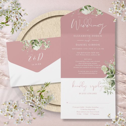 Dusty Rose Greenery Floral Details RSVP Wedding All In One Invitation
