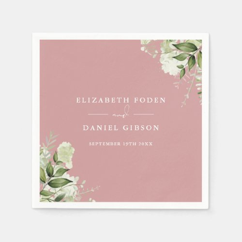 Dusty Rose Greenery Floral Elegant Names Date Napkins