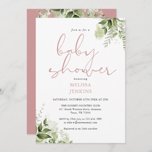 Dusty Rose Greenery Floral Girl Baby Shower Invitation