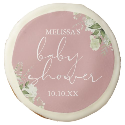 Dusty Rose Greenery Floral Girl Baby Shower Sugar Cookie