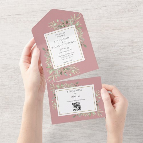 Dusty Rose Greenery Floral QR Code Wedding All In One Invitation