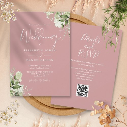 Dusty Rose Greenery Floral QR Code Wedding Invitation