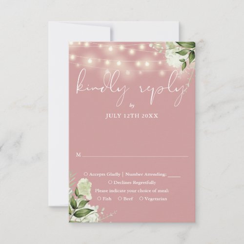 Dusty Rose Greenery Floral String Lights Wedding RSVP Card