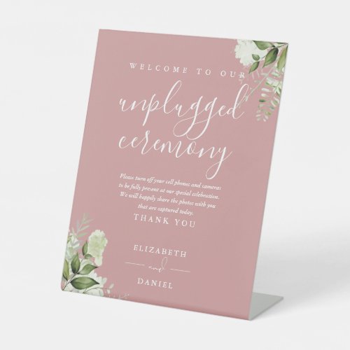 Dusty Rose Greenery Floral Unplugged Ceremony Pedestal Sign