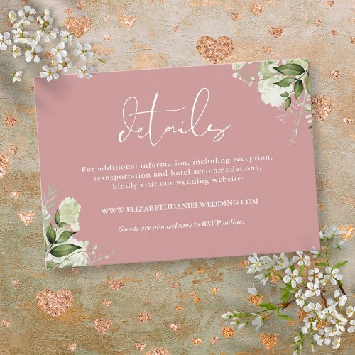 Dusty Rose Greenery Floral Wedding Details Enclosure Card