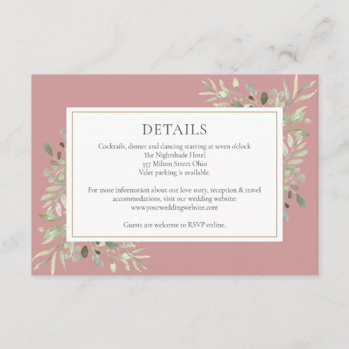 Dusty Rose Greenery Floral Wedding Details Enclosure Card
