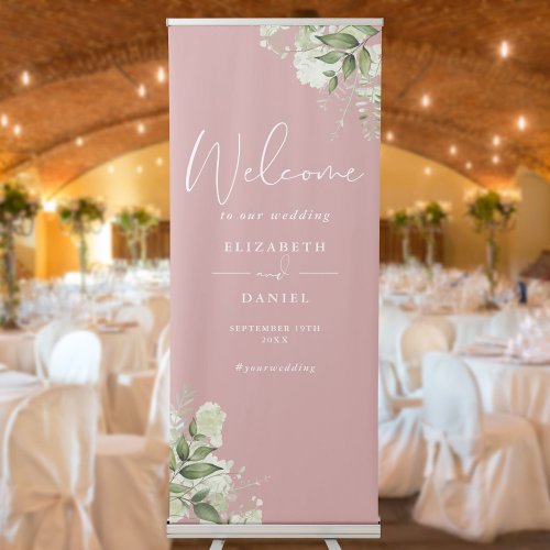Dusty Rose Greenery Foliage Wedding Welcome Retractable Banner