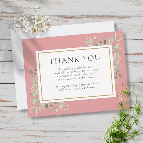 Dusty Rose Greenery Funeral Memorial Thank You Card