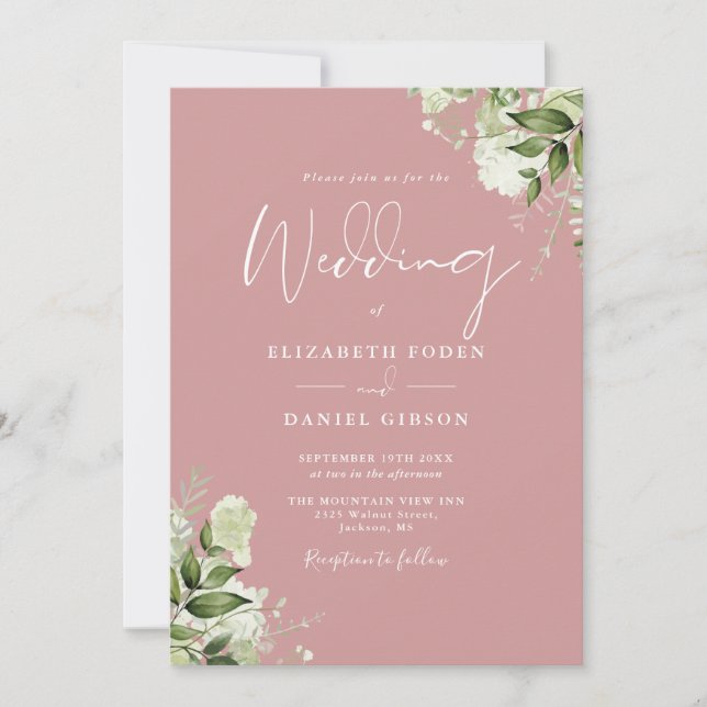 Dusty Rose Greenery Leaves Monogram Wedding Invitation (Front)