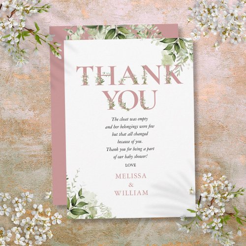Dusty Rose Greenery Letter Baby Shower Poem Thank You Card