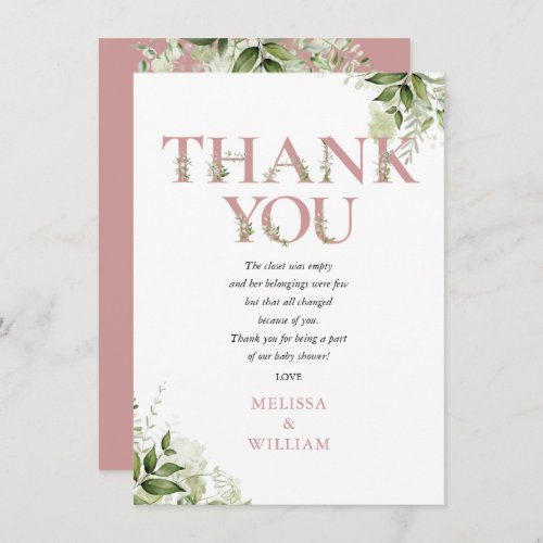 Dusty Rose Greenery Letter Baby Shower Poem Thank You Card