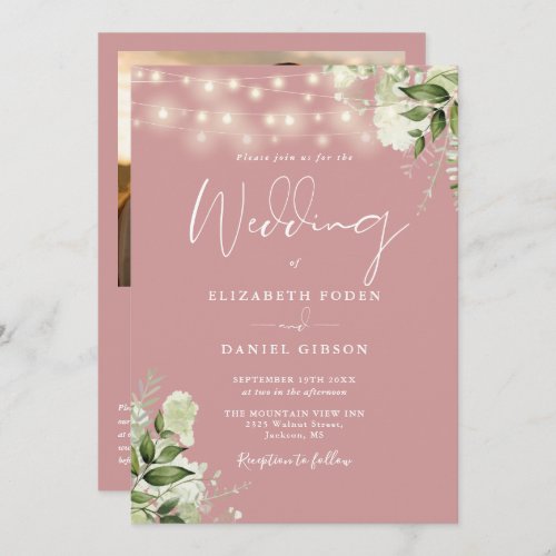 Dusty Rose Greenery Lights QR Code Photo Wedding Invitation