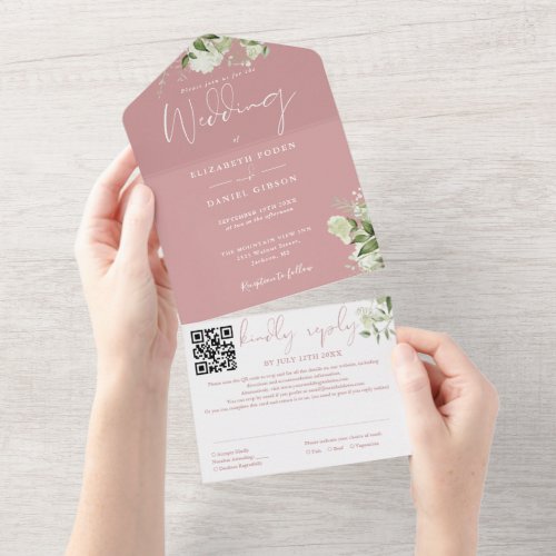 Dusty Rose Greenery Monogram QR Code Wedding All In One Invitation