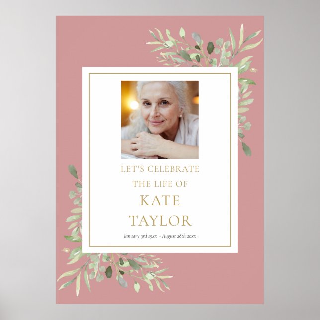 Dusty Rose Greenery Photo Celebration of Life Sign (Front)