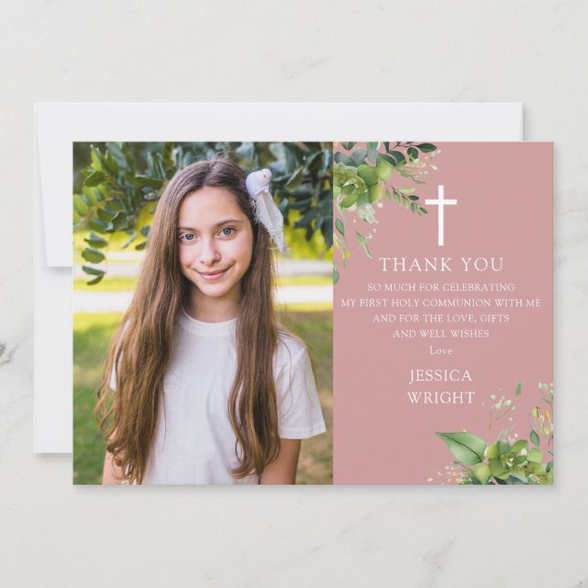 Dusty Rose Greenery Photo First Holy Communion Thank You Card (Front)