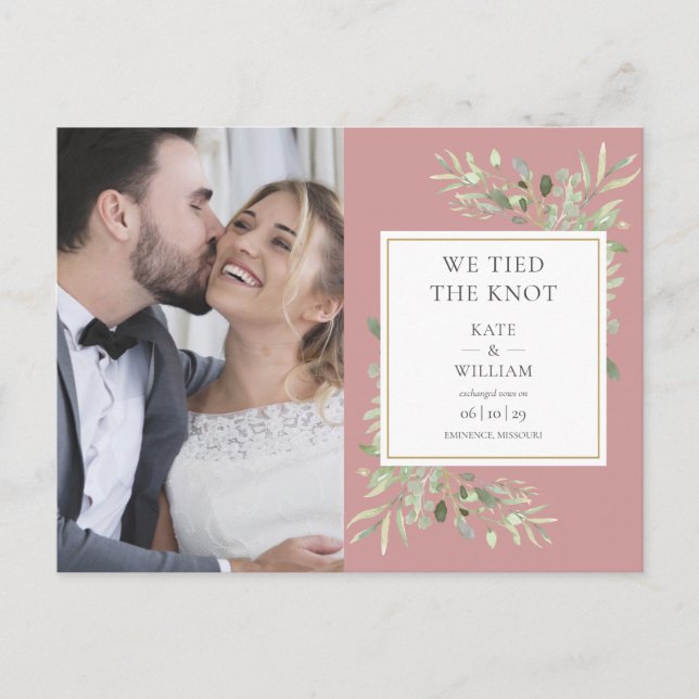 Dusty Rose Greenery Photo Wedding Announcement Postcard (Front)