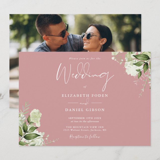 Dusty Rose Greenery Photo Wedding Invitation (Front/Back)