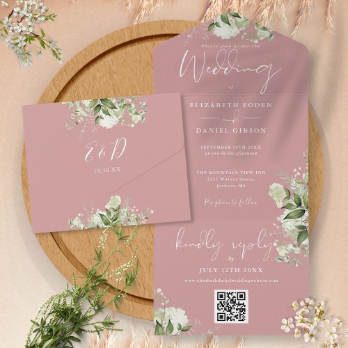 Dusty Rose Greenery QR Code Monogram Wedding All In One Invitation