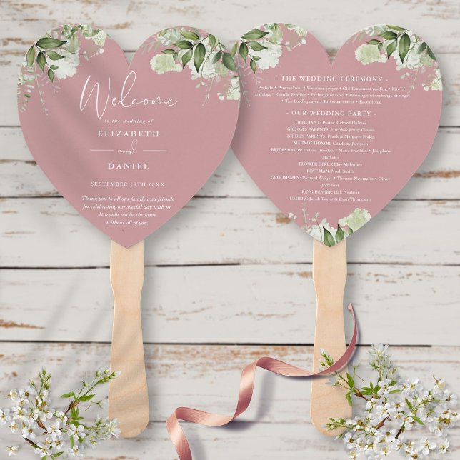 Dusty Rose Greenery Wedding Program Heart Hand Fan (Dusty Rose Greenery Wedding Program Heart Hand Fan)