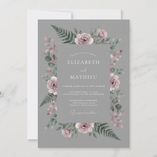 Dusty Rose Grey Botanical Wedding Invitation (Front)