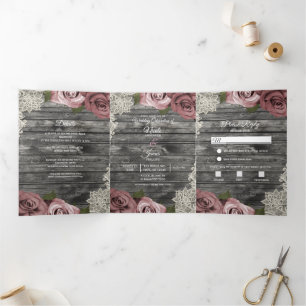 Dusty Rose Grey Wood Trifold Wedding Program